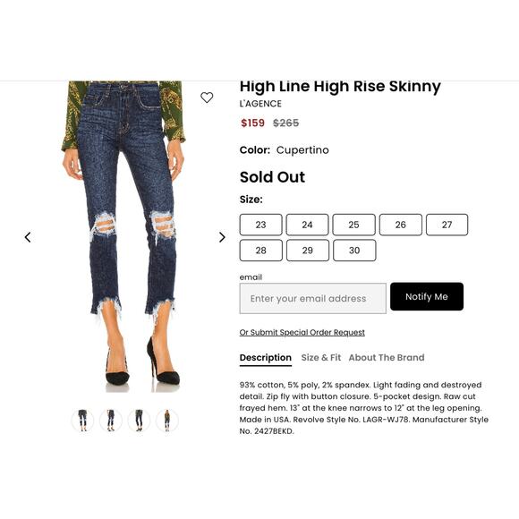 L’Agence High Line Skinny High Rise Distressed Jeans 32 Cupertino Wash - Picture 5 of 10